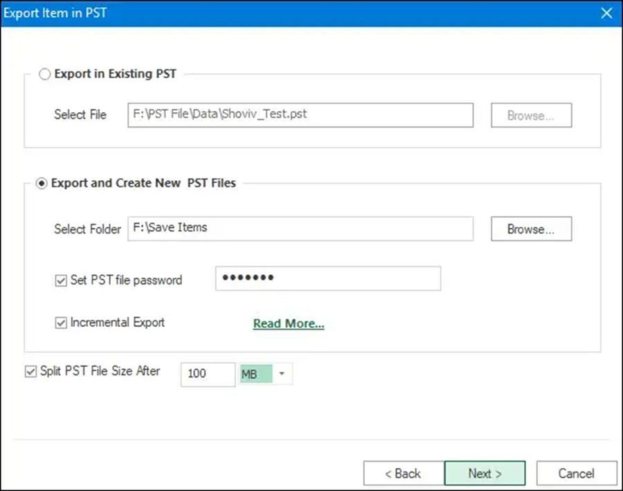 Browse the location for the new PST file if you want to save it into the new PST