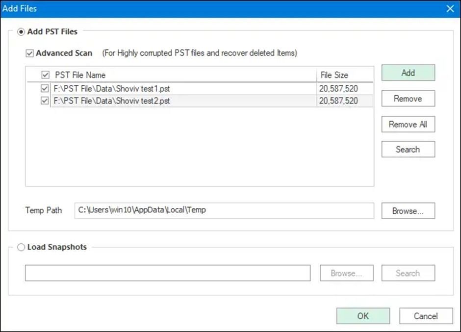 PST file to repair and check the Advanced Scan option
