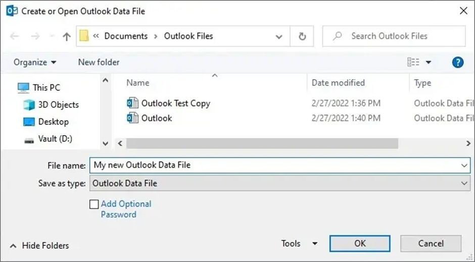 PST file and press the Ok button