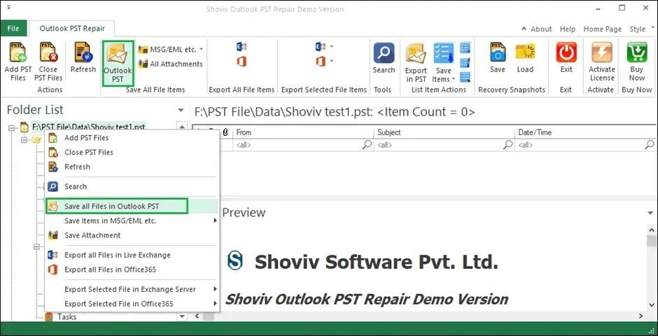 choose the Outlook PST tab from the Ribbon Bar