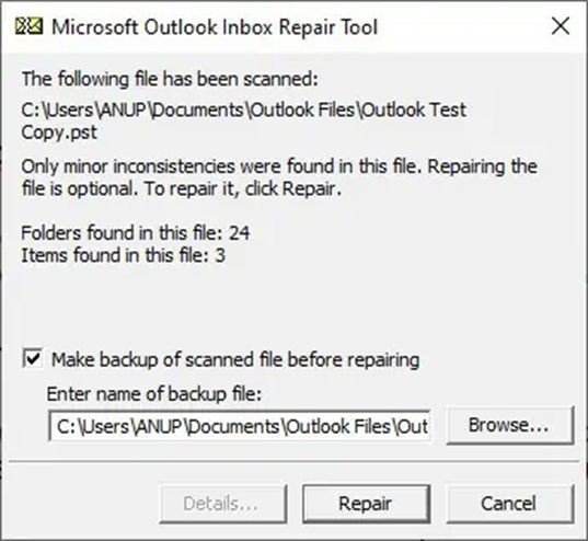 scanned file before repairing check box
